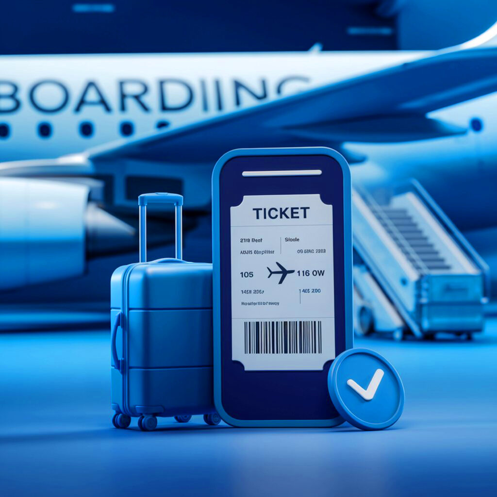 Blue White Airplane With Sign That Says Tickets Board