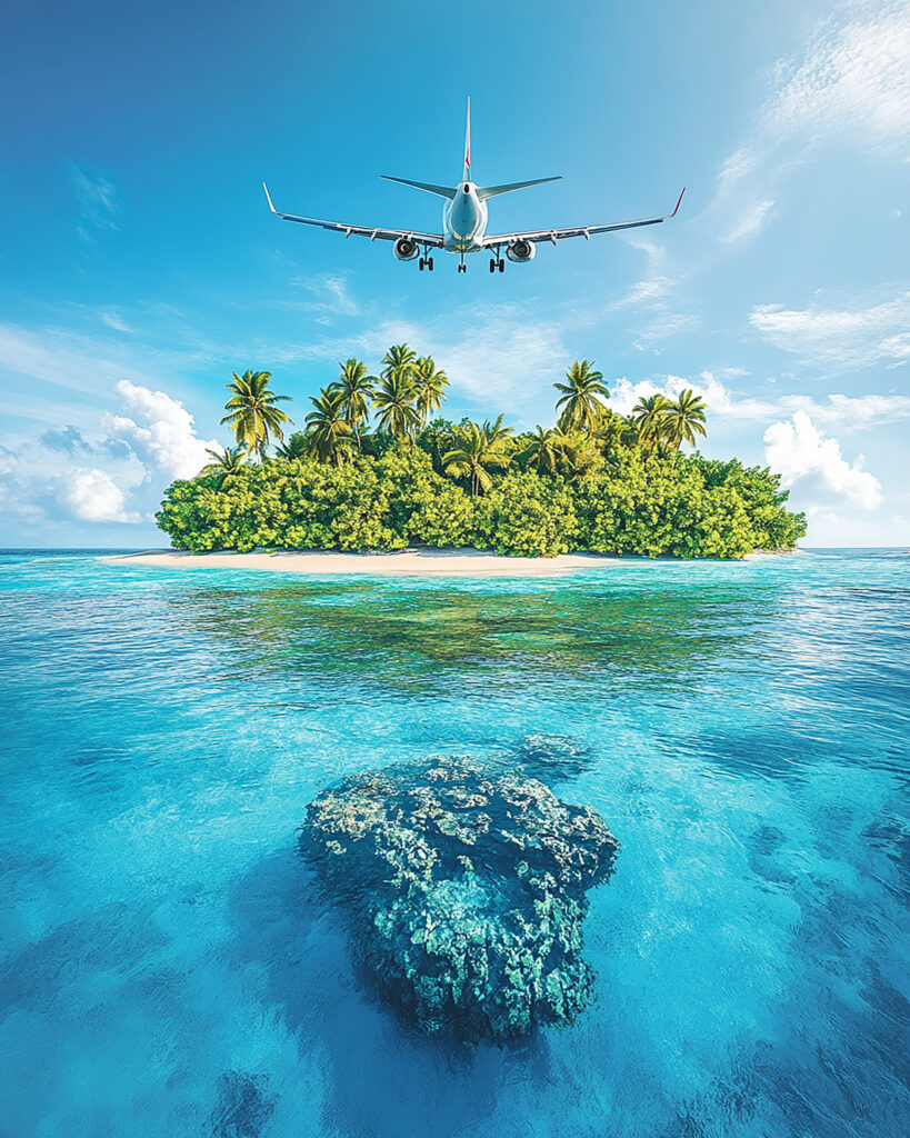 Photo Airplane Flying Tropical Island With Clear Ocean Sky