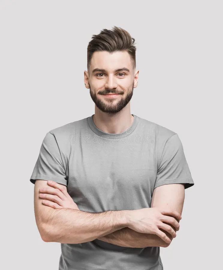 Portrait Handsome Smiling Young Man Folded Arms Smiling Joyful Cheerful Men Crossed Hands Isolated Studio Shot 172869765