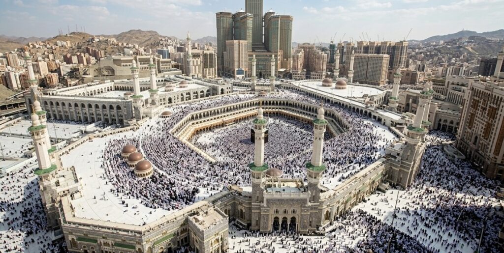 Kaaba Makkah aerial view pilgrims